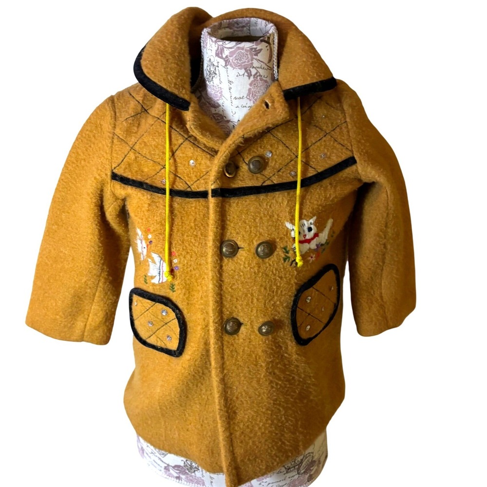 Vintage Mustard Yellow Wool‎ Blend Kids Coat Embroidered Fish Hooded, Size 6–7